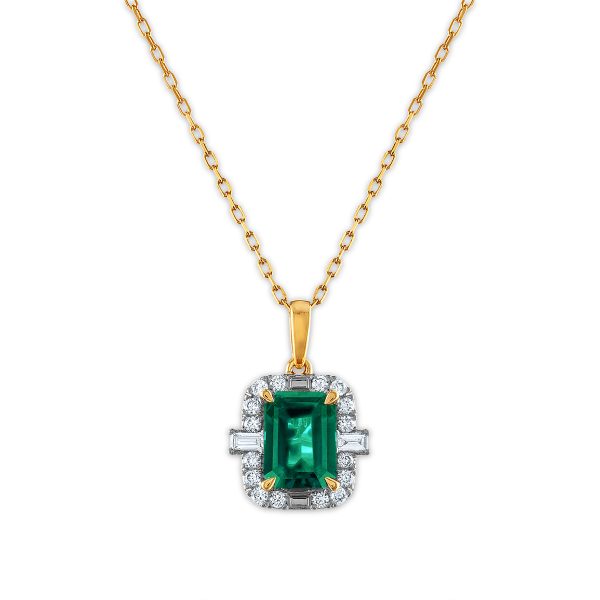 LoveSong EcoLove 8X6MM Emerald Shape Emerald and Diamond Halo 18-inch Pendant in 10KT Yellow Gold Fashion