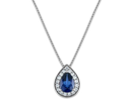 7X5MM Pear Ceylon Sapphire and White Sapphire Halo 18-inch Pendant in Rhodium Plated Sterling Silver Cheap