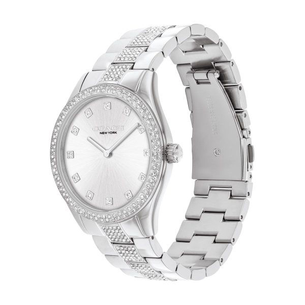 Coach with 38MM Silvertone Round Dial Stainless Steel Watch Band with Crystals. Brooks 14400033 For Discount