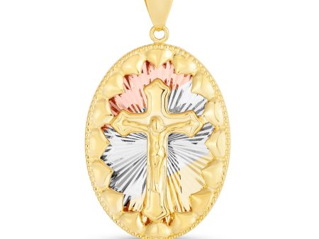 14KT Gold Tri-Color 39X20.8MM Religious Crucifix Cross Medal Pendant. Chain Not Included For Cheap