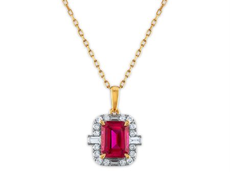 LoveSong EcoLove 8X6MM Emerald Shape Ruby and Diamond Halo 18-inch Pendant in 10KT Yellow Gold Online now