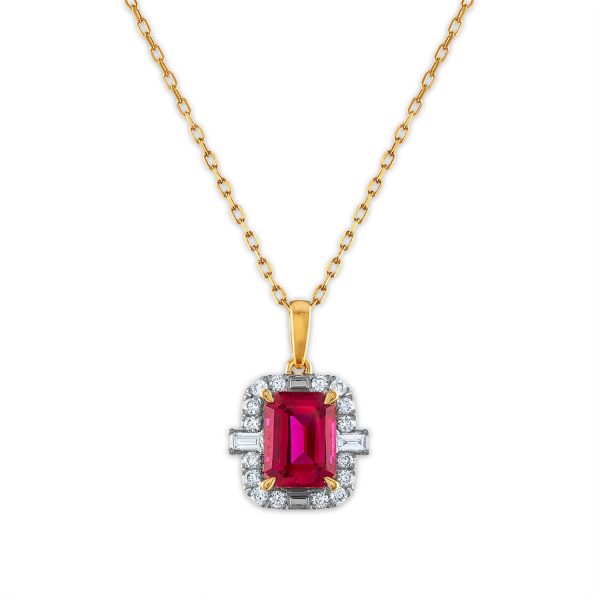 LoveSong EcoLove 8X6MM Emerald Shape Ruby and Diamond Halo 18-inch Pendant in 10KT Yellow Gold Online now