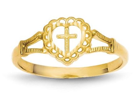 14KT Yellow Gold Childrens Heart Cross Ring; Size 4 Cheap