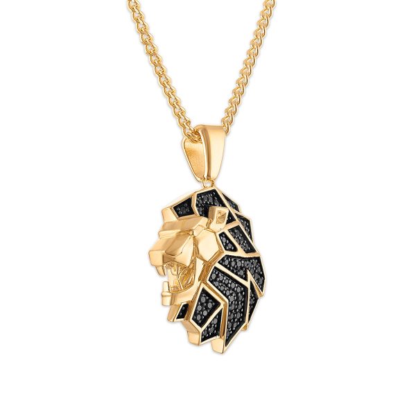 1 2 CTW Black Diamond Lion Head Pendant in Gold Plated Sterling Silver For Sale