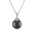 14MM Round Shell Pearl Black 18-inch Pendant in Rhodium Plated Sterling Silver on Sale