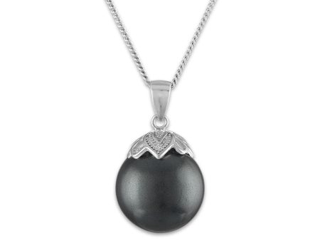 14MM Round Shell Pearl Black 18-inch Pendant in Rhodium Plated Sterling Silver on Sale