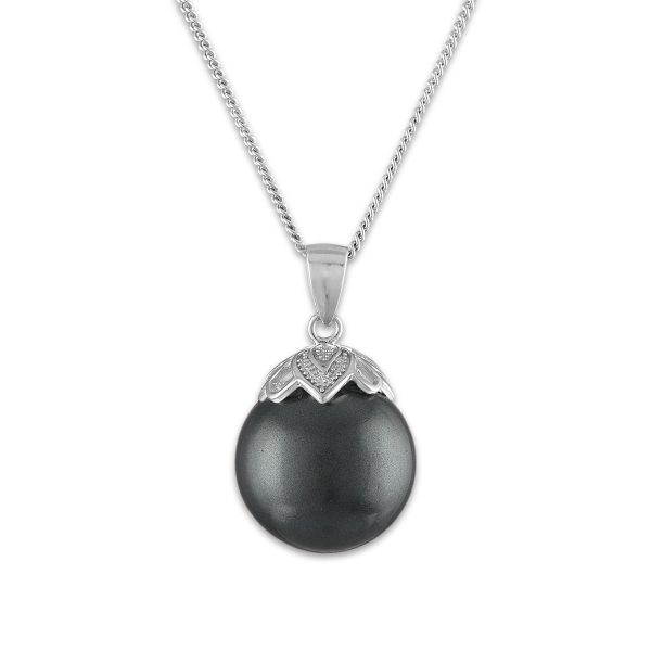 14MM Round Shell Pearl Black 18-inch Pendant in Rhodium Plated Sterling Silver on Sale