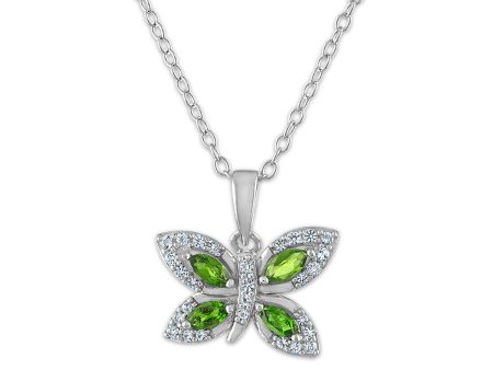 4X2MM Marquise Chrome Diopside and White Topaz Fashion Butterly 18-inch Pendant in Rhodium Plated Sterling Silver Sale