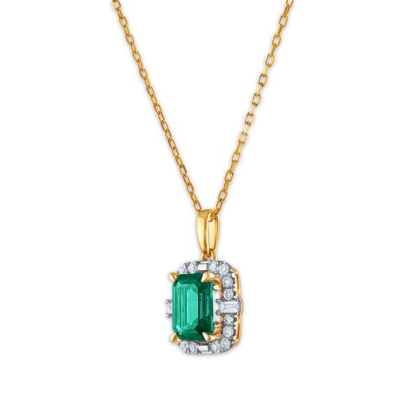 LoveSong EcoLove 8X6MM Emerald Shape Emerald and Diamond Halo 18-inch Pendant in 10KT Yellow Gold Fashion