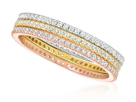 Crislu Tri-Color Sterling Silver Cubic Zirconia 3-Piece Band. Size 7 For Discount