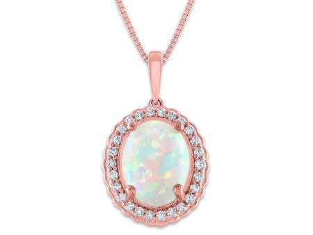 LoveSong 10X8MM Oval Opal and Diamond Halo 18-inch Pendant in 10KT Rose Gold Online Hot Sale