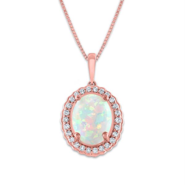 LoveSong 10X8MM Oval Opal and Diamond Halo 18-inch Pendant in 10KT Rose Gold Online Hot Sale