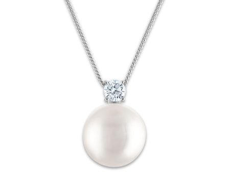 12MM Round Shell Pearl and Cubic Zirconia 18-inch Pendant in Sterling Silver Hot on Sale