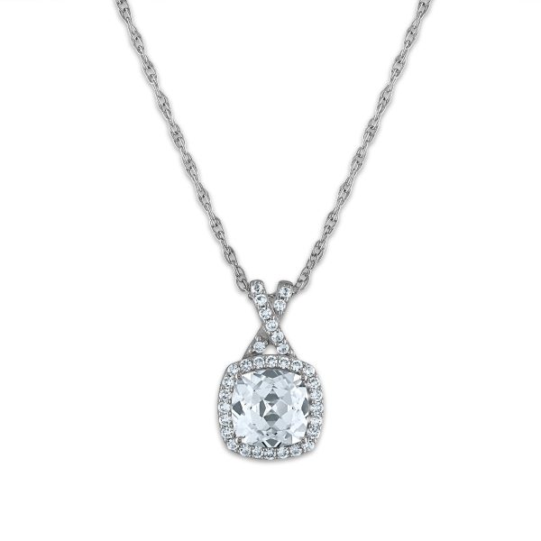 7MM Cushion Sapphire and White Sapphire Halo Fashion 18-inch Pendant in Rhodium Plated Sterling Silver Online Sale