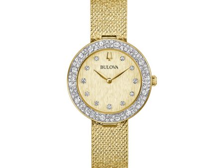 Bulova Crystal Collection Goldtone Watch with 32MM Case and Mesh Bracelet. 98L321 Hot on Sale