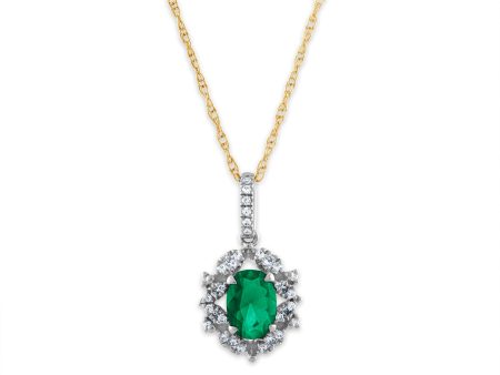 7X5MM Oval Emerald and Diamond Halo Pendant in 10KT Yellow Gold For Discount