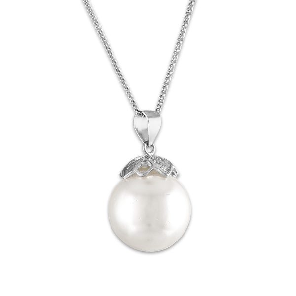 14MM Round Shell Pearl 18-inch Pendant in Rhodium Plated Sterling Silver Discount