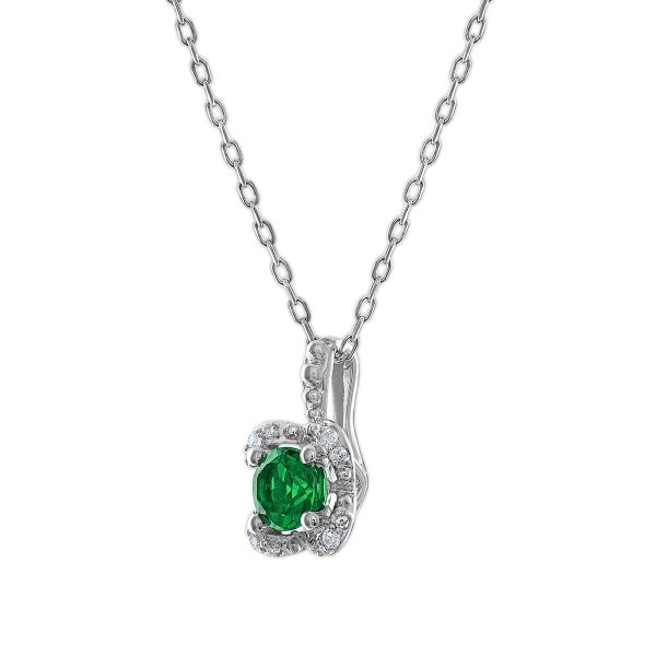 5MM Round Emerald and White Sapphire Birthstone Flower Halo Pendant in Sterling Silver For Discount