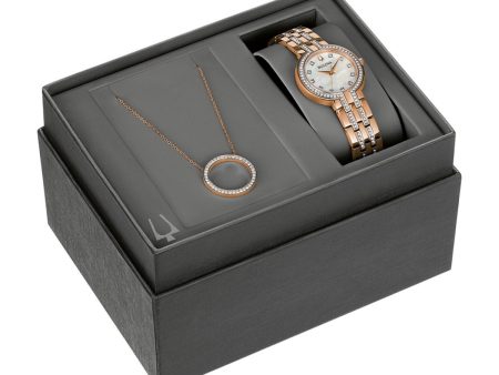 Bulova Crystal Box Set with 30MM Mother of Pearl Dial in Rosetone Stainless Steel. 98X135 Online now