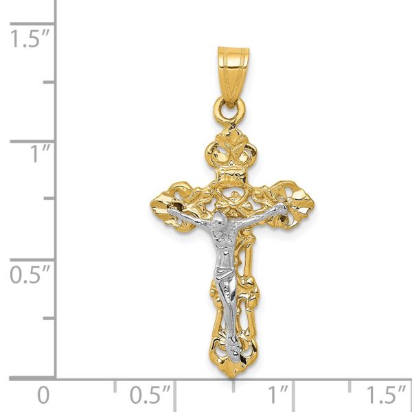 14KT White and Yellow Gold 36X18MM Fleur De Lis Crucifix Cross Pendant-Chain Not Included Online now