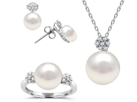 Pearl and White Sapphire Ring Pendant Earrings Set in Sterling Silver For Cheap