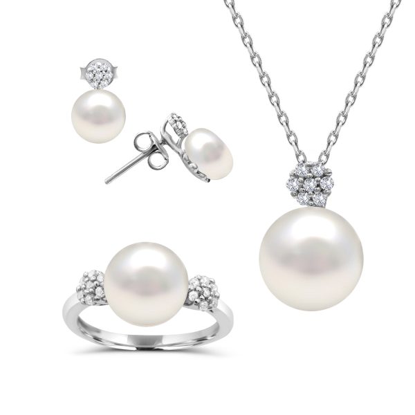 Pearl and White Sapphire Ring Pendant Earrings Set in Sterling Silver For Cheap