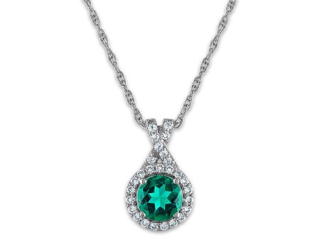 6MM Round Emerald and Sapphire Halo Fashion 18-inch Pendant in Rhodium Plated Sterling Silver For Cheap