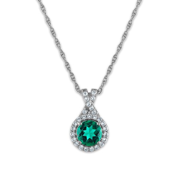 6MM Round Emerald and Sapphire Halo Fashion 18-inch Pendant in Rhodium Plated Sterling Silver For Cheap