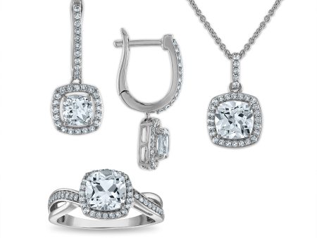 Cushion Shaped Sapphire Halo Jewelry Set in Sterling Silver For Discount