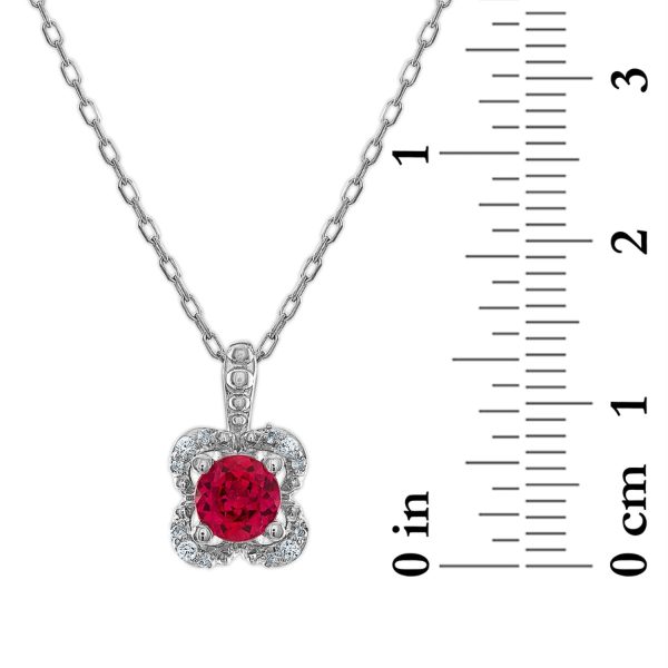 5MM Round Ruby and White Sapphire Birthstone Flower Halo Pendant in Sterling Silver For Cheap