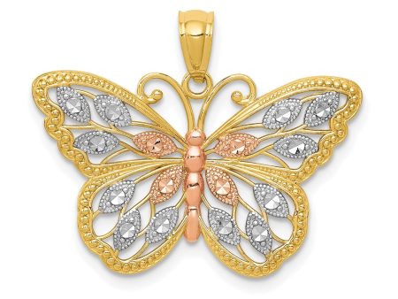 14KT Yellow Gold With Rhodium Plating 16X26MM Diamond-cut Butterfly Pendant-Chain Not Included Supply