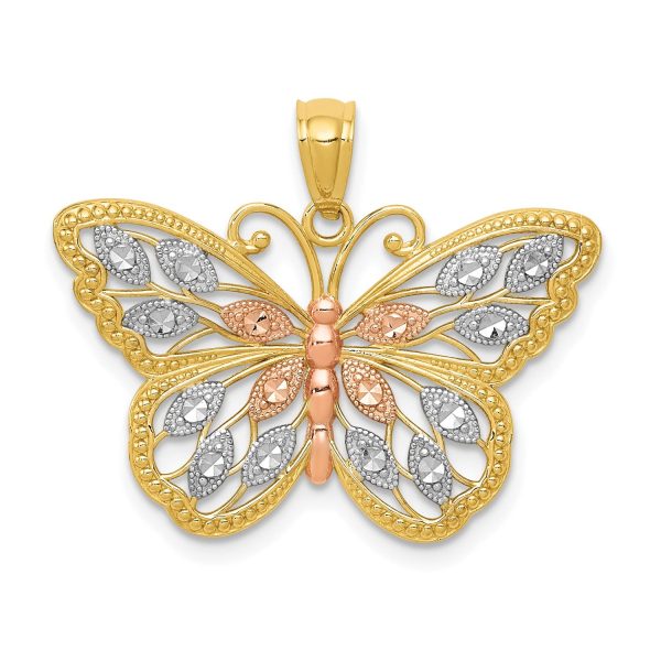 14KT Yellow Gold With Rhodium Plating 16X26MM Diamond-cut Butterfly Pendant-Chain Not Included Supply