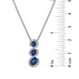 Oval Ceylon Sapphire and White Sapphire Halo Three Stone 18-inch Pendant in Rhodium Plated Sterling Silver For Sale