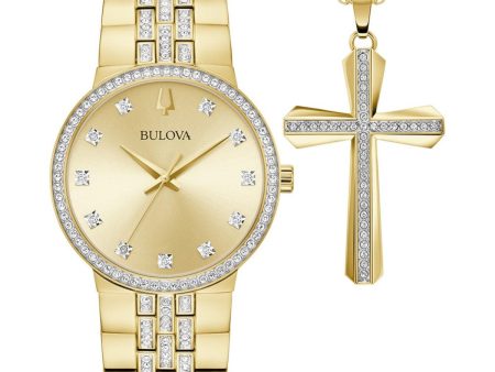 Bulova Crystal Accent Goldtone Watch with 40MM Dial and Cross Pendant Box Set. 98K113 Online