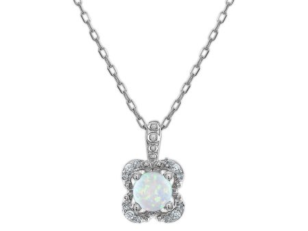 5MM Round Opal and White Sapphire Birthstone Flower Halo Pendant in Sterling Silver Online Sale