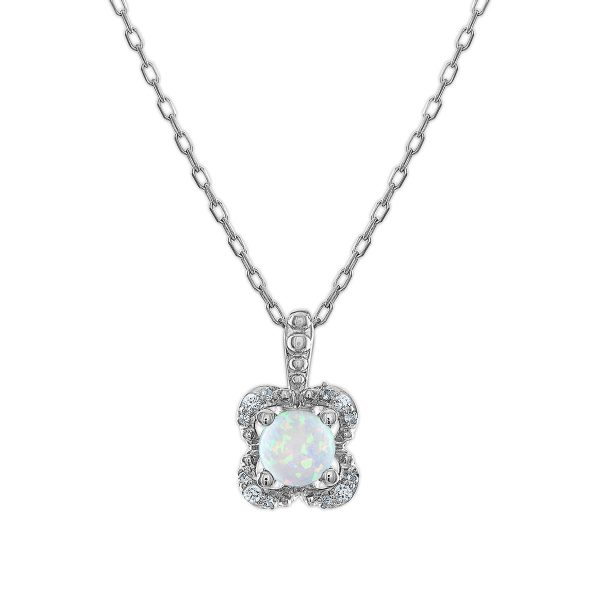 5MM Round Opal and White Sapphire Birthstone Flower Halo Pendant in Sterling Silver Online Sale