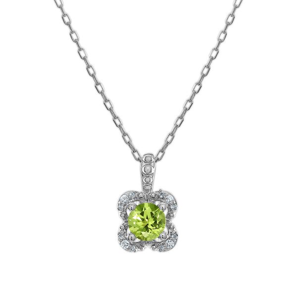 5MM Round Peridot and White Sapphire Birthstone Flower Halo Pendant in Sterling Silver For Discount