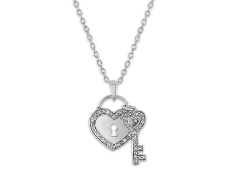 1 10 CTW Diamond 18-inch Heart Lock and Key Pendant in Sterling Silver For Sale