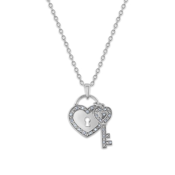 1 10 CTW Diamond 18-inch Heart Lock and Key Pendant in Sterling Silver For Sale