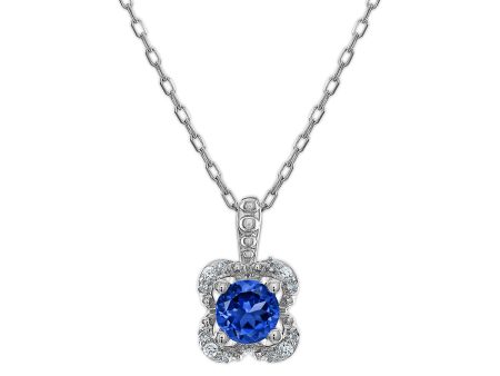 5MM Round Sapphire and White Sapphire Birthstone Flower Halo Pendant in Sterling Silver Online now