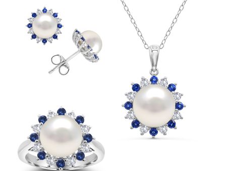 Round Pearl and Sapphire Box Set 18-inch Pendant in Sterling Silver Online Sale