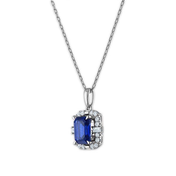 LoveSong EcoLove 8X6MM Emerald Shape Blue Sapphire and Diamond Halo 18-inch Pendant in 10KT White Gold Online Sale