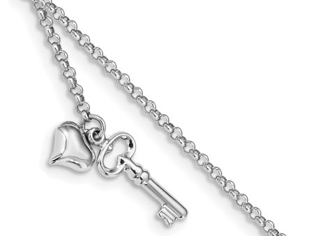 14k White Gold Adj Polished Puffed Heart Key 9in Plus 1in ext. Anklet on Sale