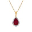 LoveSong EcoLove 10X7MM Pear Ruby and Diamond Halo 18-inch Pendant in 10KT Yellow Gold For Sale