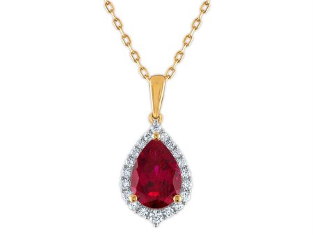 LoveSong EcoLove 10X7MM Pear Ruby and Diamond Halo 18-inch Pendant in 10KT Yellow Gold For Sale