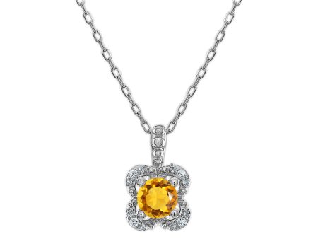 5MM Round Citrine and White Sapphire Birthstone Flower Halo Pendant in Sterling Silver on Sale