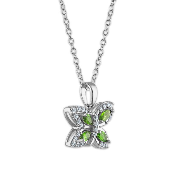 4X2MM Marquise Chrome Diopside and White Topaz Fashion Butterly 18-inch Pendant in Rhodium Plated Sterling Silver Sale