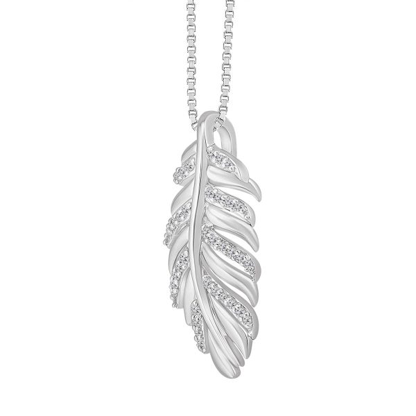 1 10 CTW Diamond Feather 18-inch Pendant in Sterling Silver For Sale