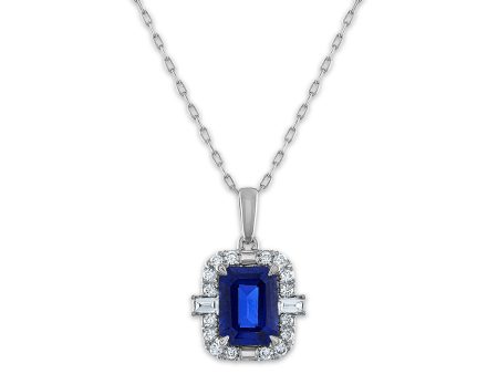 LoveSong EcoLove 8X6MM Emerald Shape Blue Sapphire and Diamond Halo 18-inch Pendant in 10KT White Gold Online Sale