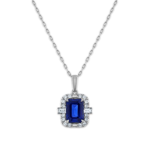 LoveSong EcoLove 8X6MM Emerald Shape Blue Sapphire and Diamond Halo 18-inch Pendant in 10KT White Gold Online Sale